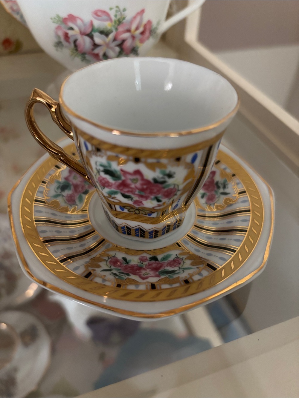 Gold-Trim Floral Porcelain Demitasse Cup & Saucer